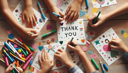 Fototapeta premium Children Writing Messages of Gratitude for Thank You Day