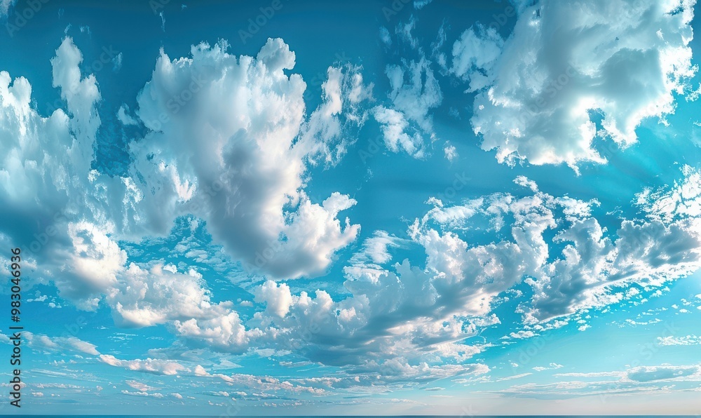Wall mural a panoramic view of a blue sky with fluffy white clouds, creating a calming effect. free copy space 