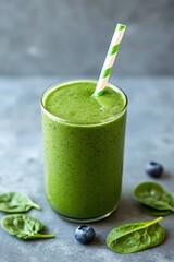 A refreshing green smoothie with spinach and blueberries, perfect for a healthy snack or breakfast option.