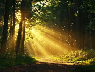 Obraz premium Radiant golden hour sunbeams illuminating a quiet forest path, nature's glowtime, peaceful and inspiring landscape