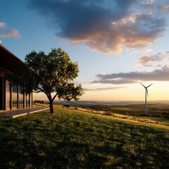 Fototapeta premium Modern house with green lawn, tree and wind turbine in the background at sunset.