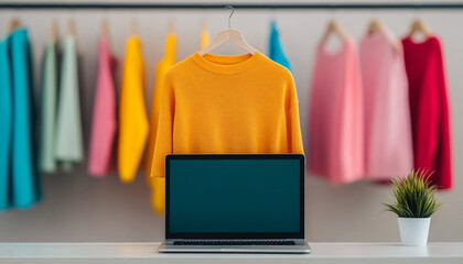 Obraz premium Laptop with stylish sweater in a colorful clothing store.