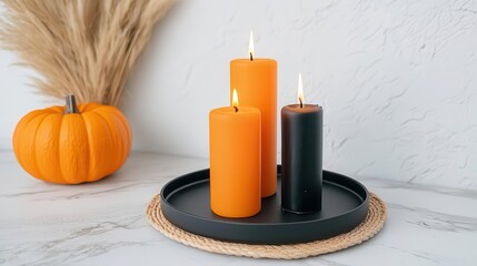 Spooky boho Halloween party with dark macrame wall hangings, black candles, creating an eerie yet elegant ambiance