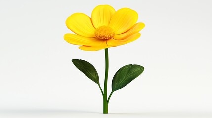 Obraz premium Closeup of cartoon yellow flower with green leaves isolated on white background.