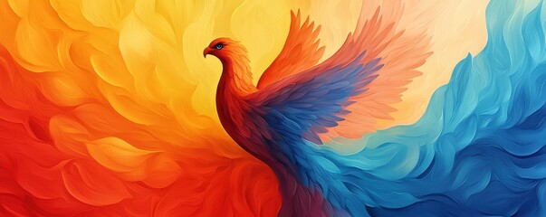 Fototapeta premium A vibrant and colorful phoenix illustration symbolizing rebirth and transformation, blending warm and cool hues creatively.