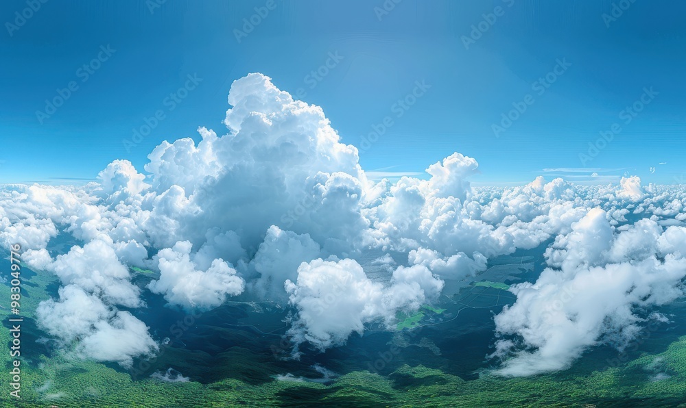 Wall mural a panoramic view of a blue sky with fluffy white clouds, creating a calming effect. free copy space 