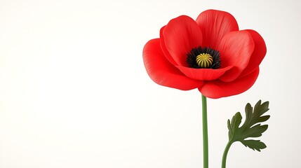 Fototapeta premium A single red poppy flower and a green leaf isolated on clean background.