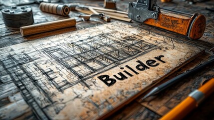 An intricate construction drawing with various tools placed around a sheet of paper with 'Builder' written on it, highlighting conceptualization and execution in building.