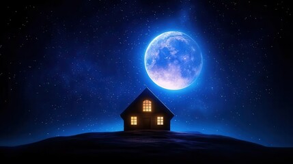 Fototapeta premium A tranquil night scene of a house under a glowing full moon.