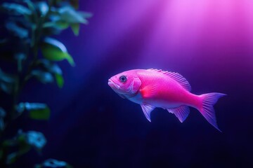 A vibrant pink fish swimming gracefully in a dark aquarium with colorful lighting.