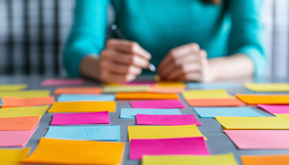 Productive brainstorming session with colorful sticky notes.