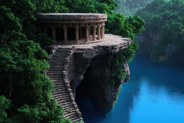 Ancient temple ruins perched on a cliff surrounded by lush greenery and tranquil waters.