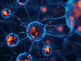 Lymphatic vessel with circulating cancer cells, digital visualization and glowing nodes, lymphoma, cancer spread through lymphatic system