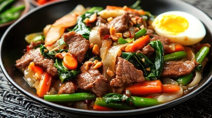 Stir fry chow mien noodles with pork and vegetable, Asian stir fry noodle dish with copy.