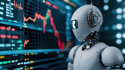 Futuristic robot analyzing stock market data on a digital screen with graphs and charts depicting fluctuations.