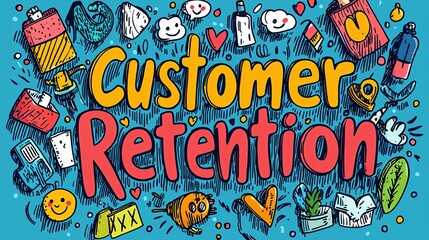 This image displays the phrase 'Customer Retention' in colorful, playful letters surrounded by various small icons representing different items and concepts.