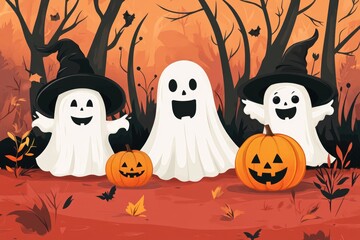 Three Friendly Ghosts in a Spooky Forest with Pumpkins