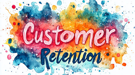 The watercolor image has 'Customer Retention' written in a hand-drawn style with bold, watercolor splashes in vibrant, assorted colors as a background.