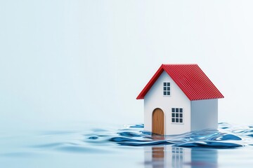 House model floating on water, isolated on a soft background.