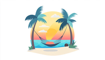 Tropical beach with palm trees and hammock at sunset.