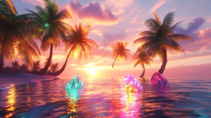 Tropical Sunset with Glowing Crystals