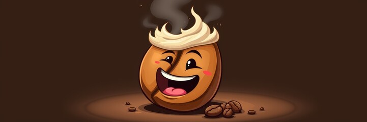 Fun and quirky cartoon character of a smiling coffee bean with steam, perfect for coffee shops, branding, and social media marketing.