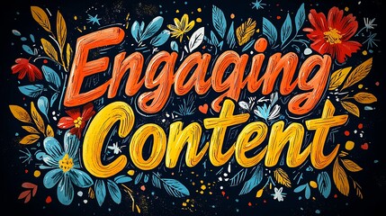 A colorful and dynamic floral-themed artwork featuring the phrase 'Engaging Content' in bold and vibrant colors, surrounded by an array of flowers and foliage.