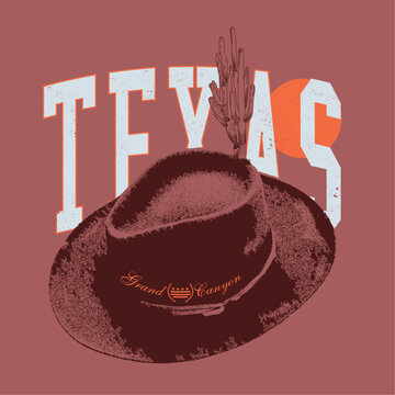 Cow boy Cap with Texas desert text  print for summer vibes graphic. desert slogan print  t shirt tops print artwork. Desert canyon. Texas desert vibes graphic print for fashion and others.