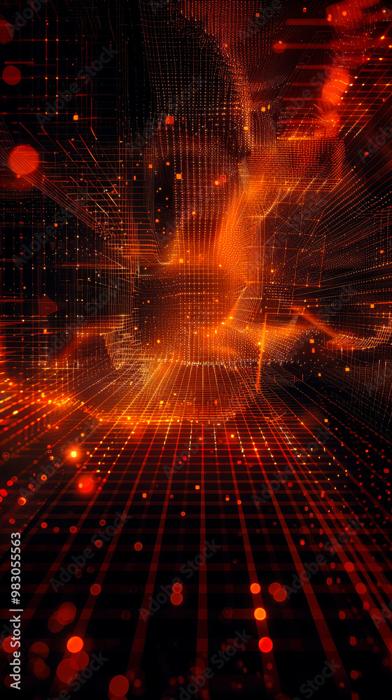 Poster futuristic 3d orange digital grid network technology background render for innovation, cybersecurity
