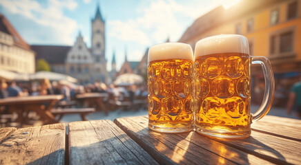Bier in Deutschland - Zwei Masskrüge mit bayrischer Stadt im Hintergrund