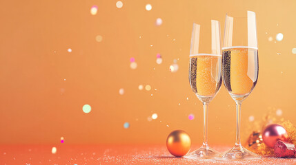 New Year's Eve celebration with champagne glasses and party decorations background