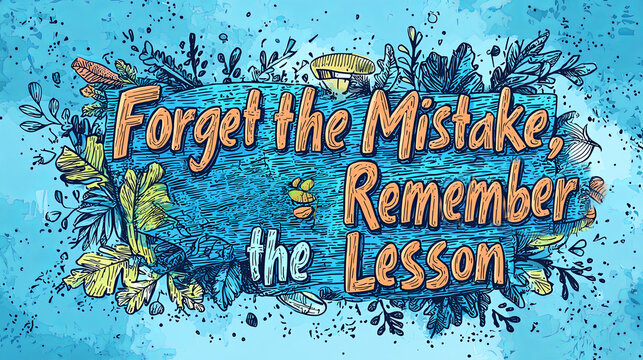 Nature-inspired poster with the motivational quote 'Forget the Mistake, Remember the Lesson' placed amidst blue and green foliage on a textured background.