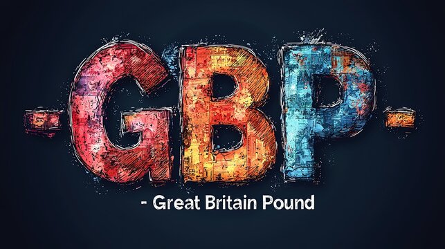 Text art featuring 'GBP - Great Britain Pound' in a colorful and vibrant style, highlighting the currency of Great Britain with an artistic flair on a dark background.