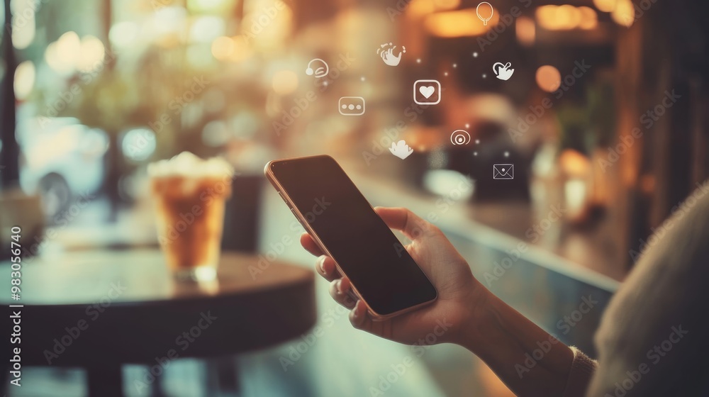 Poster woman using smartphone in a caf\'e9, surrounded by digital icons of social media. focus on online sh