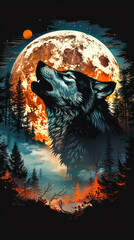 Obraz premium Majestic Wolf Howling at Full Moon in Enchanted Forest at Night - Wild Nature Animal Illustration with Fiery Background