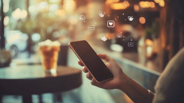Woman using smartphone in a caf\'e9, surrounded by digital icons of social media. Focus on online shopping and messaging concepts.