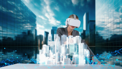 Civil engineer analyzing with rotating tower skyscraper hologram virtual graphic via VR future global innovation network technology community intelligent cityscape urban planning center. Contraption.