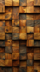 Rustic 3D Wooden Tile Wall with Soft Sheen, Square Block Pattern, Timber Texture for Interior Design and Architecture, Natural Wood Aesthetic, Warm Tones, Home Decor and Building Material Background