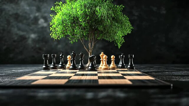 A chessboard set under a green tree, with pieces arranged to depict the strategic balance required for environmental sustainability
