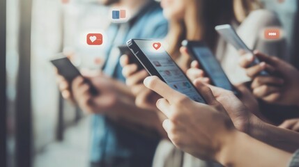 Diverse group using mobile phones, engaging with various social media platforms. Community and digital connectivity theme.