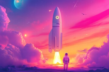 Obraz premium An astronaut surrounded by neon-colored dollar signs and coins set against blue sky, financial concept banner. Beautiful simple AI generated image