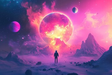 Fototapeta premium Futuristic cyborg in neon cityscape - generative ai. Beautiful simple AI generated image