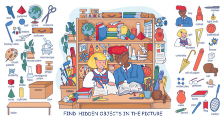 Student in the classroom. Find hidden objects in the picture. Girl and boy are siting on a school bench and studying. Puzzle Hidden Items. Lesson. Funny cartoon character. Sketch vector illustration