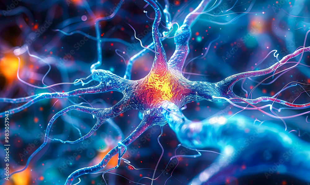 Poster intricate vibrant neuron close-up with expanding dendrites intertwining in neural network concept, v