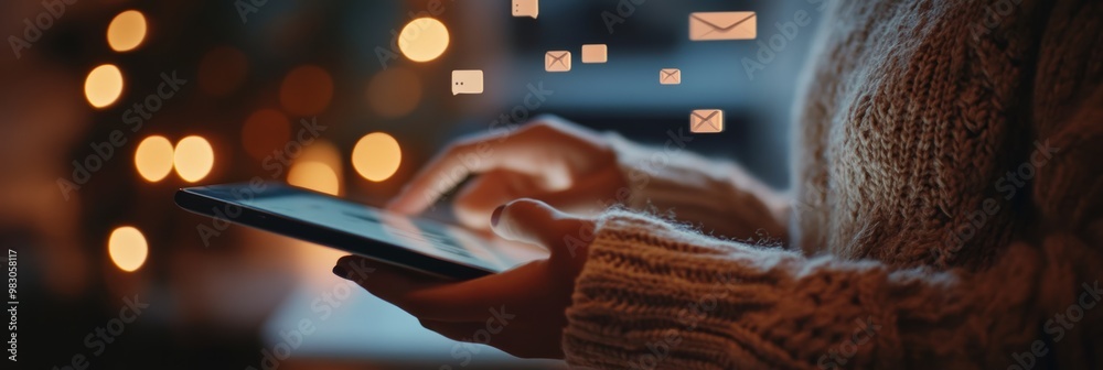 Poster Using a smartphone in a festive setting with social media interaction icons floating around. Staying connected and engaged online during the holiday season.
