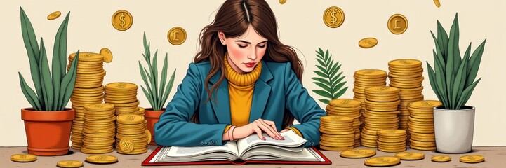 A focused businesswoman reviews financial documents amidst stacks of coins and plants, symbolizing growth, investment, and financial literacy in a vibrant workspace.