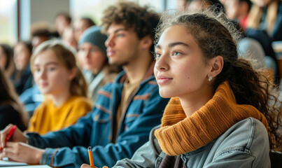 Obraz premium Engaged Multi-Ethnic College Students Attentively Listening to Lecturer and Taking Notes in Classroom, Daytime Academic Setting with Diverse Young People Focused on Learning