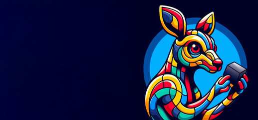 Fototapeta premium Geometric kangaroo in red, yellow, green, blue, Stylized figure with large red eyes on dark blue background. Creative interpretation of a kangaroo solving a puzzle,
