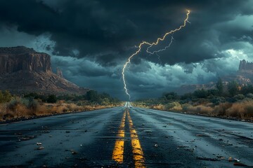 Dramatic lightning strike over deserted road amidst stormy skies