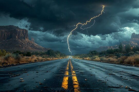 Dramatic lightning strike over deserted road amidst stormy skies